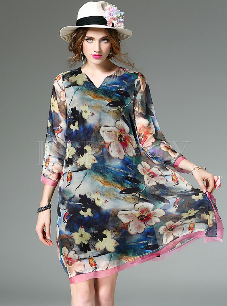 Vintage Silk V-neck Multicolor Print Shift Dress