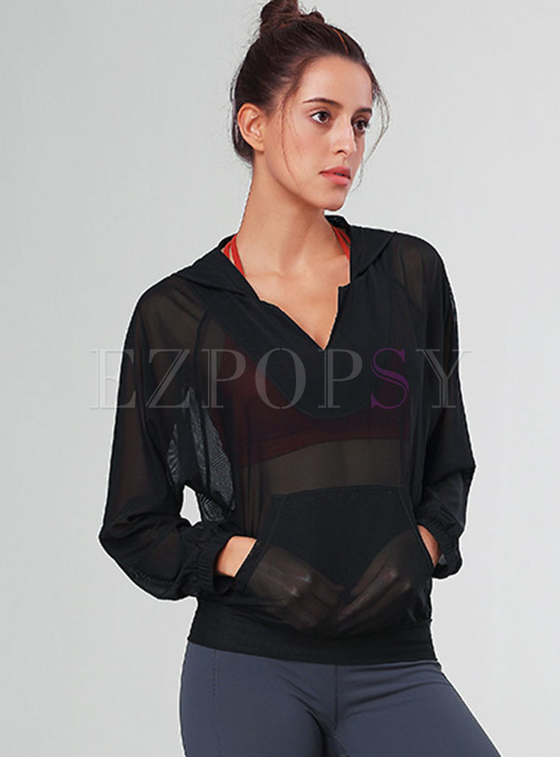 Stylish V-neck Dry Fit Running Hooded Yoga Top