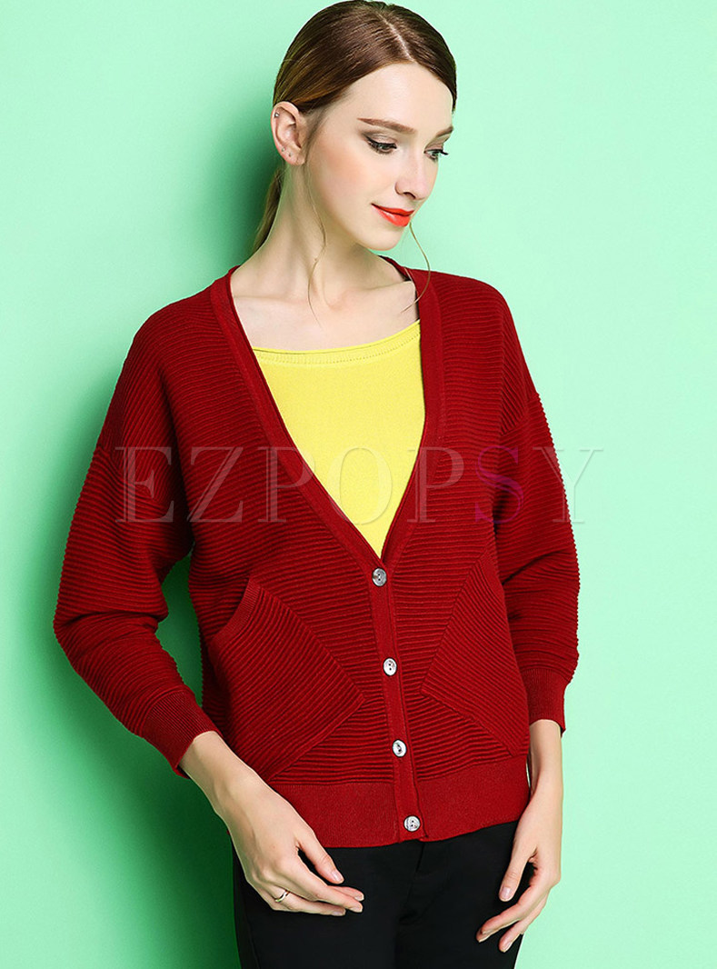 Brief Pure Color V-neck Zip-up Sweater