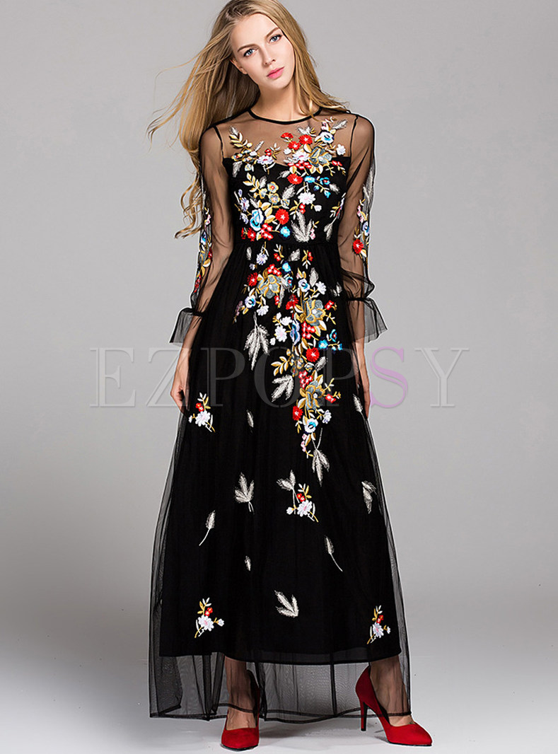 Sexy Mesh Embroidery Maxi Dress