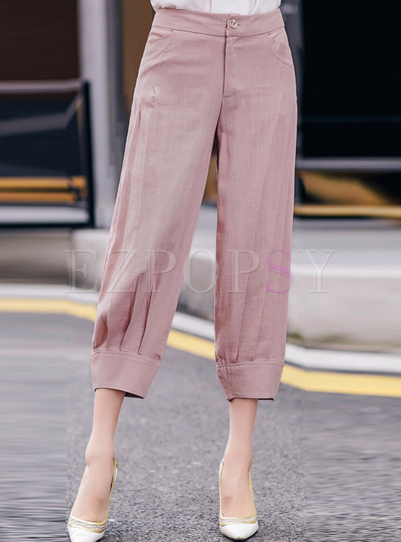 Casual Linen Ankle-Length Solid Color Pants