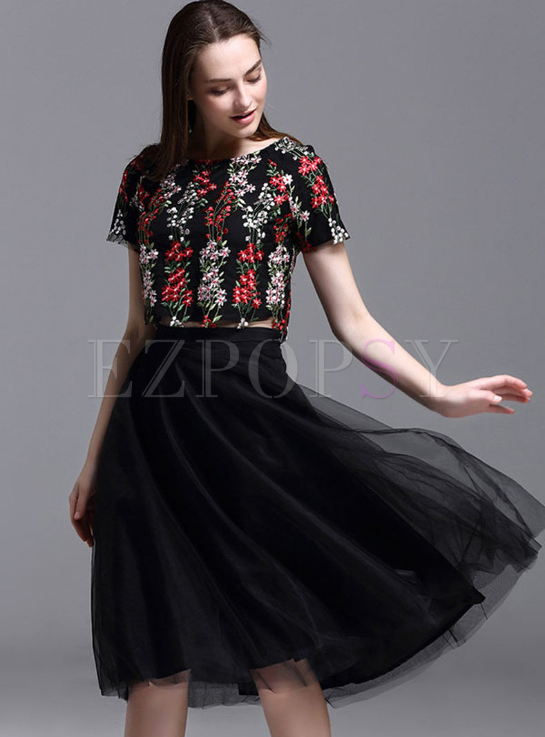 Sweet Floral Embroidery Top & Elegant Mesh Skirt