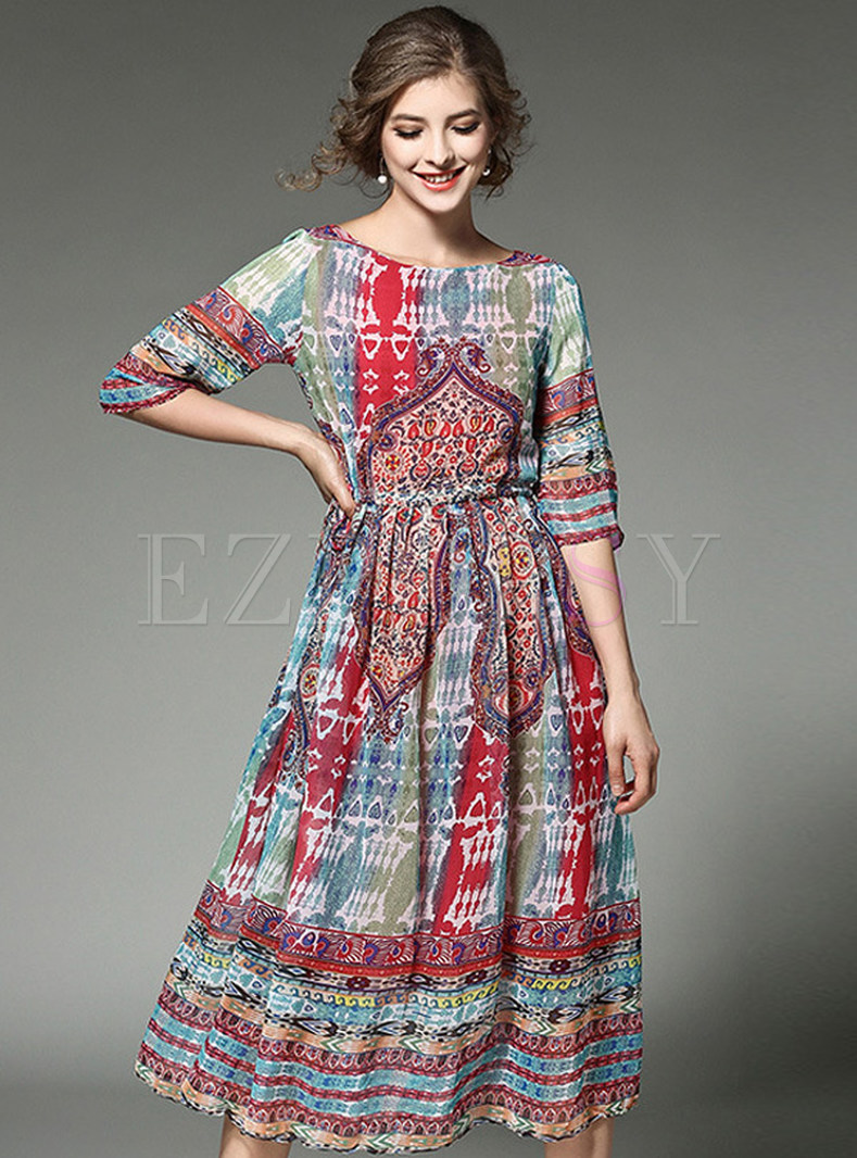 Dresses | Skater Dresses | Vintage Print Half Sleeve Slim Stylish ...