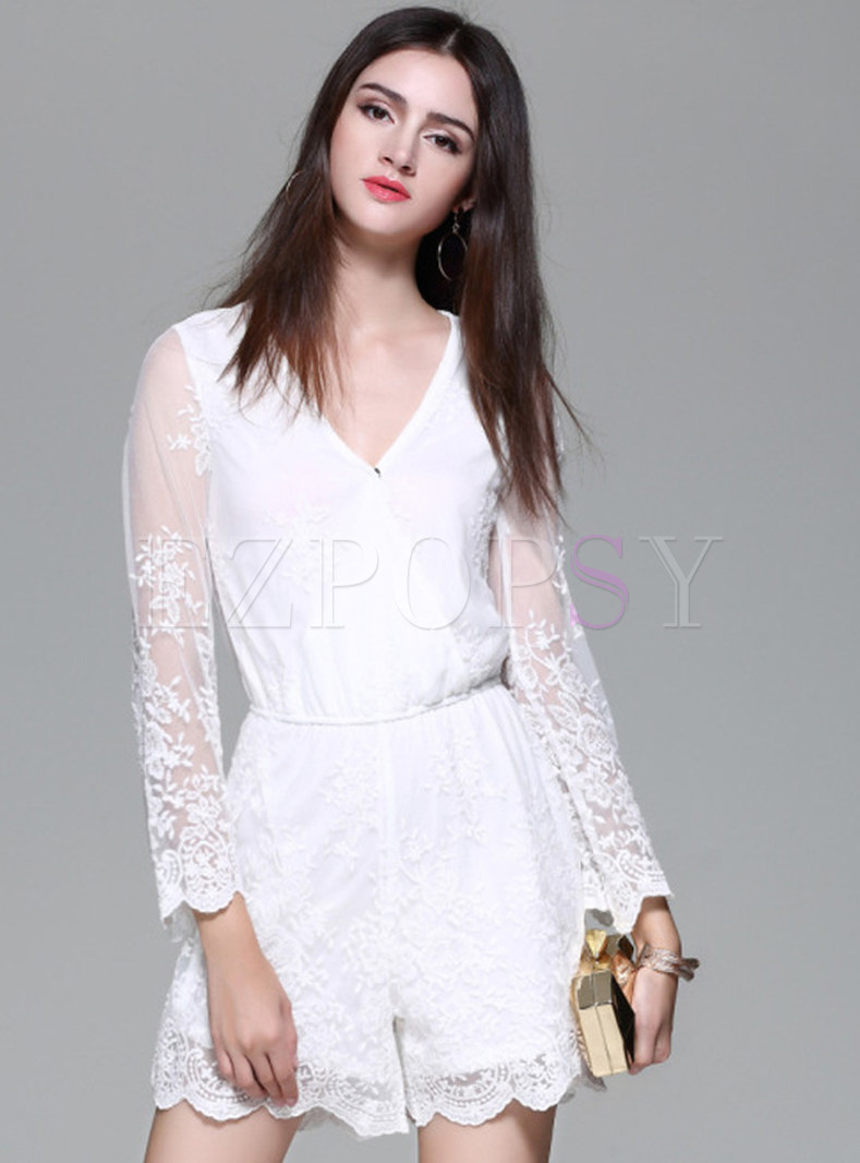 Sexy Patch Lace Embroidery Solid Color Jumpsuit
