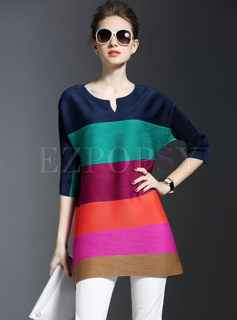Loose Stripe Color-blocked Pullover T-shirt