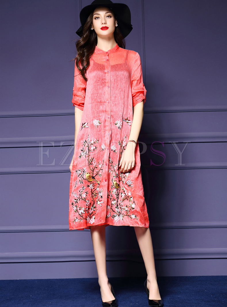 Loose 3/4 Sleeve Floral Embroidery Shift Dress