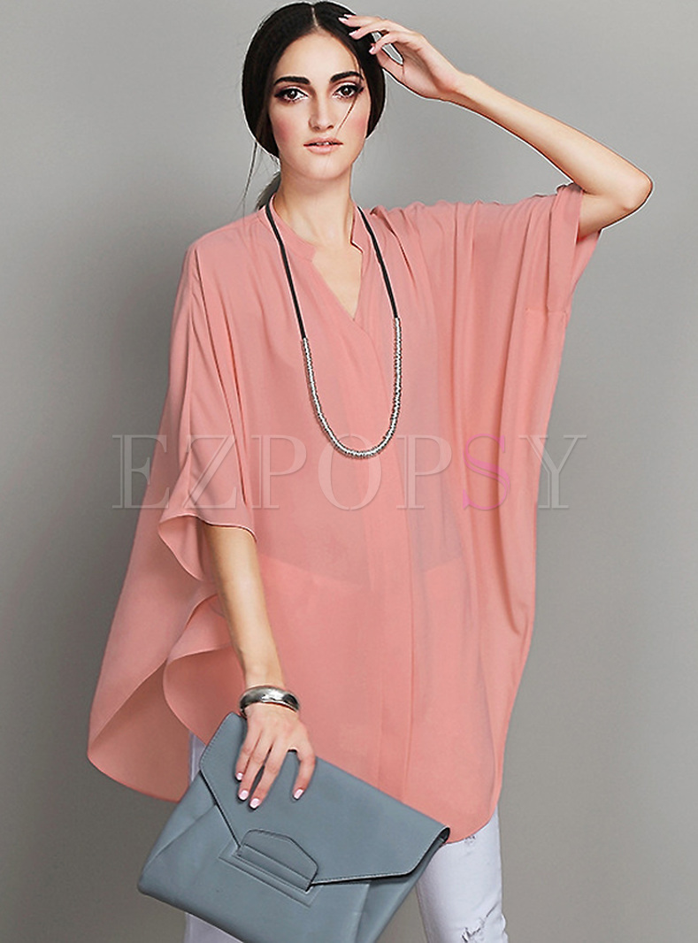 Tops | Blouses | Elegant Oversized V-neck Bat Sleeve Blouse