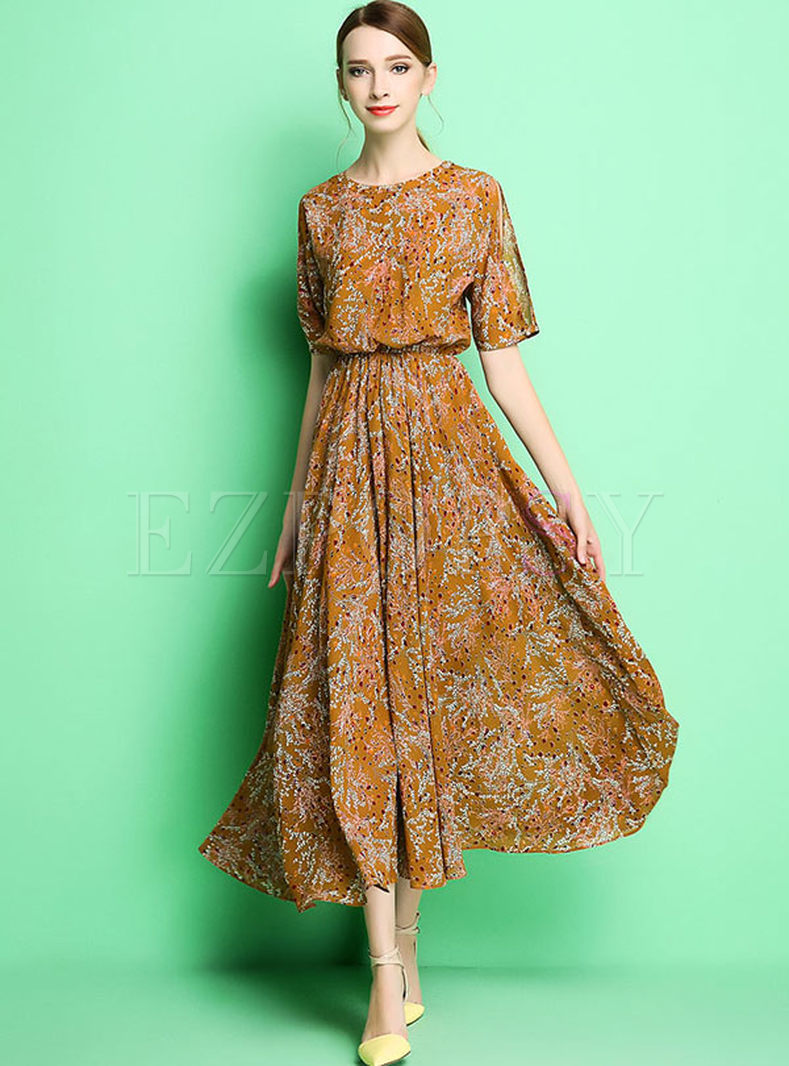 Elegant High Waist Print Big Hem Maxi Dress
