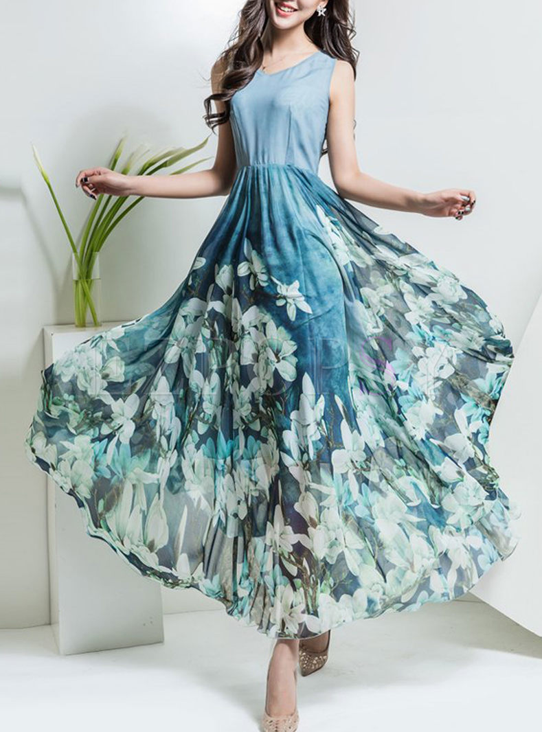 Slim Nipped Waist Sleeveless Print Patchwork Maxi Dress