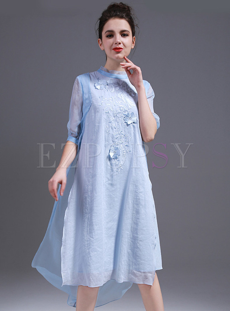 Cute Linen Embroidery Half Sleeve Asymmetric Shift Dress
