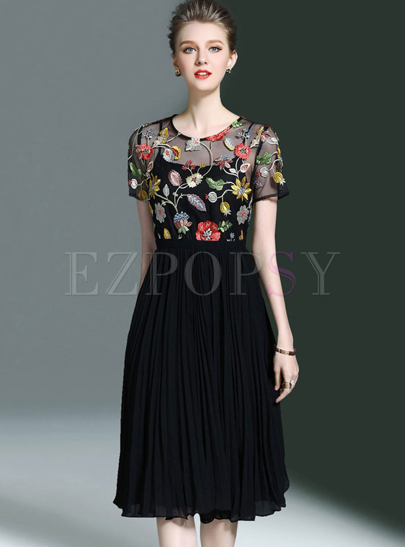 High-end Mesh Patchwork Embroidery Skater Dress