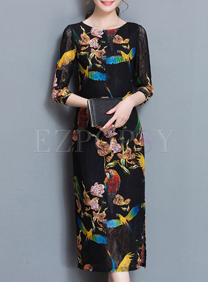 Elegant Oversize 3/4 Sleeve Print Bodycon Dress