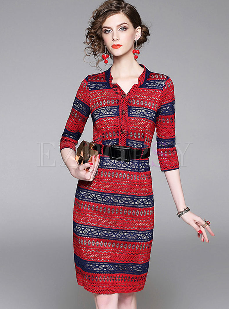 Brief OL 3/4 Sleeve Lace Patchwork Bodycon Dress