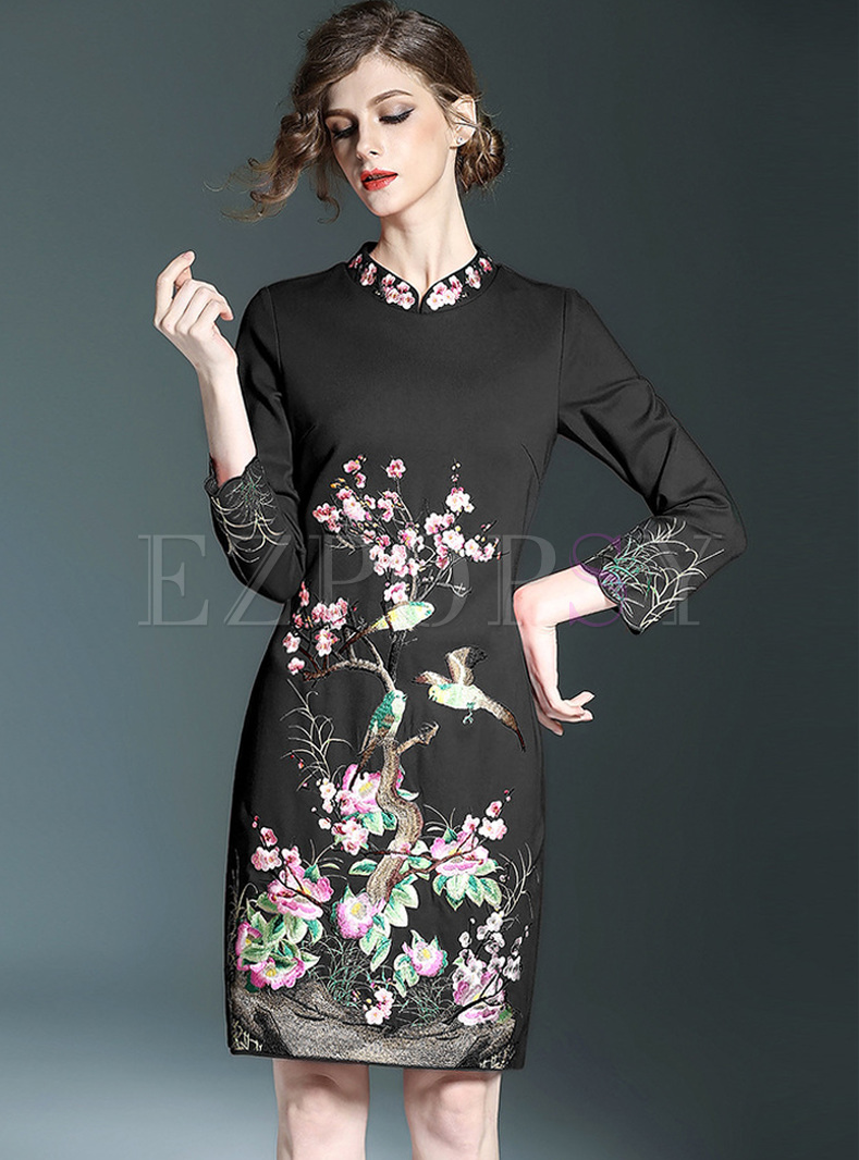 Vintage Embroidery Stand Collar Bodycon Dress