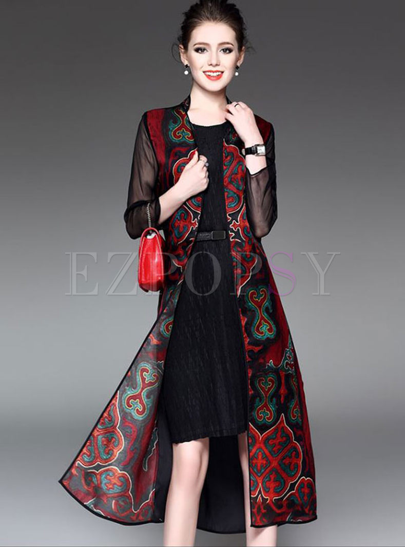 Ethnic Loose Embroidery Organza See-through Coat