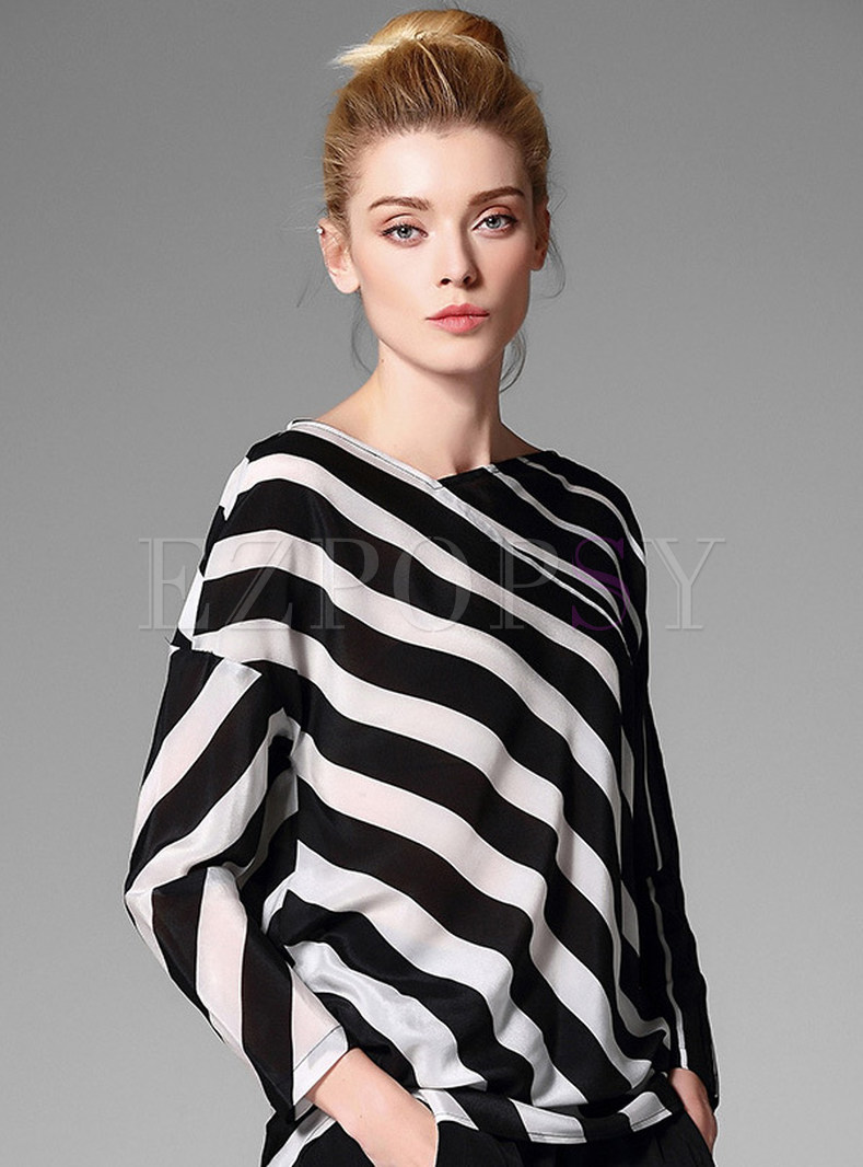 Casual Striped Long Sleeve Silk Loose T-Shirt