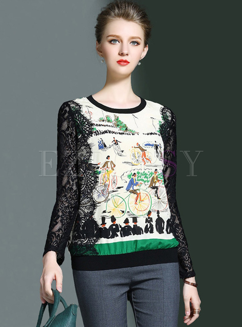 Casual Character Print Lace Patch Hollow T-Shirt