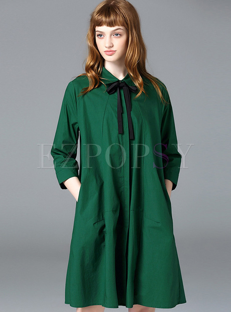 Brief Turn Down Collar Solid Color Plus Size Shift Dress
