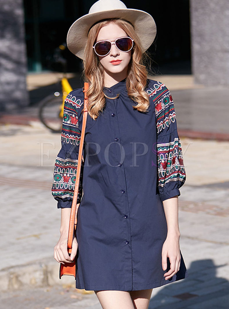 Brief Oversize Embroidery Puff Sleeve Shirt Dress