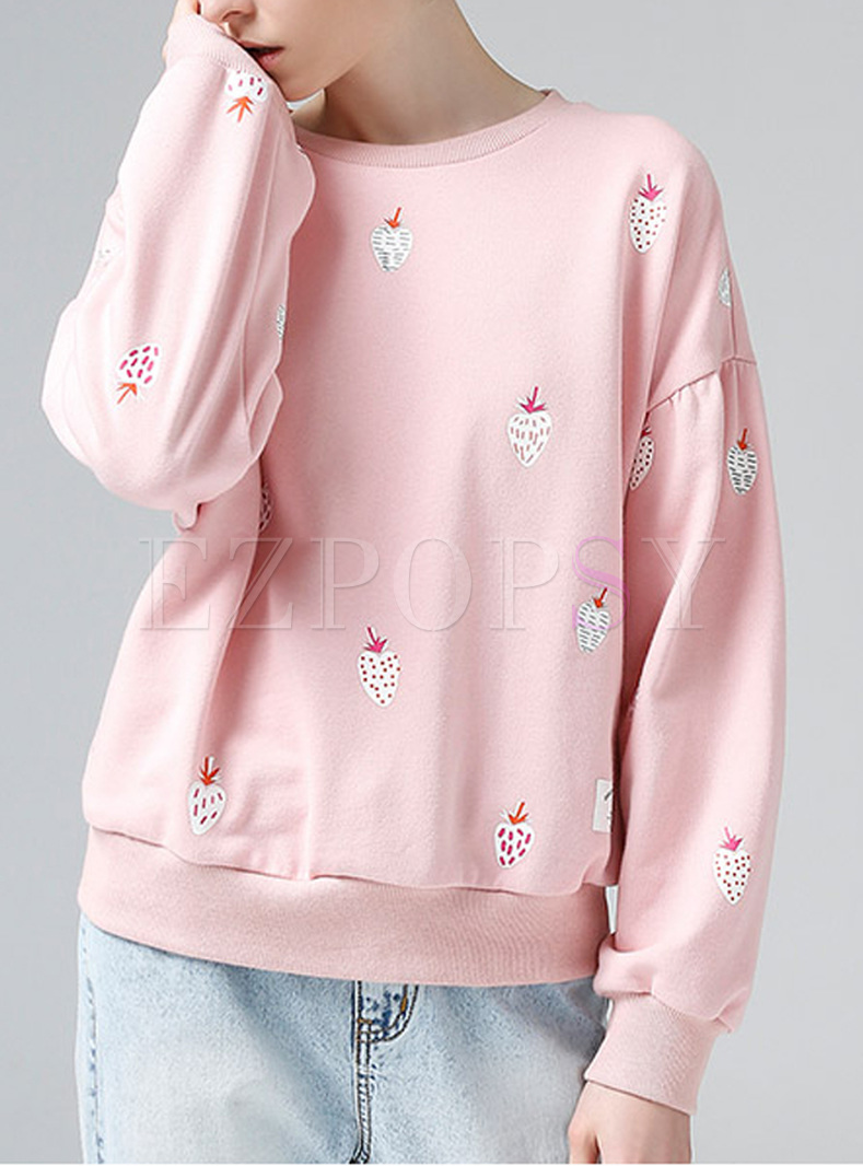 Cute Strawberry Print Puff Sleeve Patchwork Sweatshirt