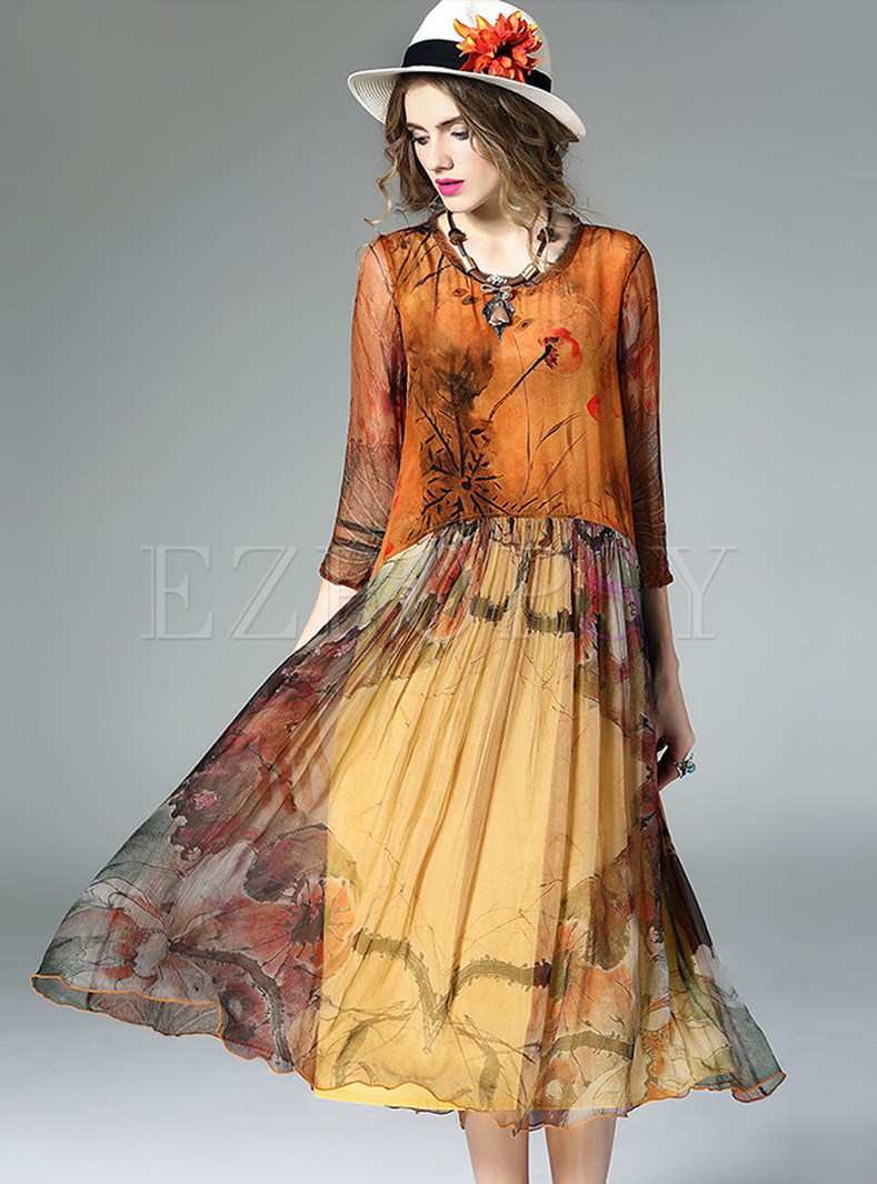 Ethnic O-neck Stitching Print Skater Dress