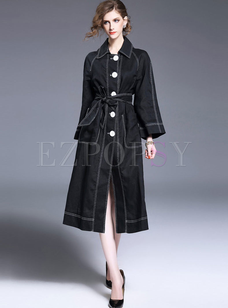 Oversize Hit Color Lapel Trench Coat With Belt