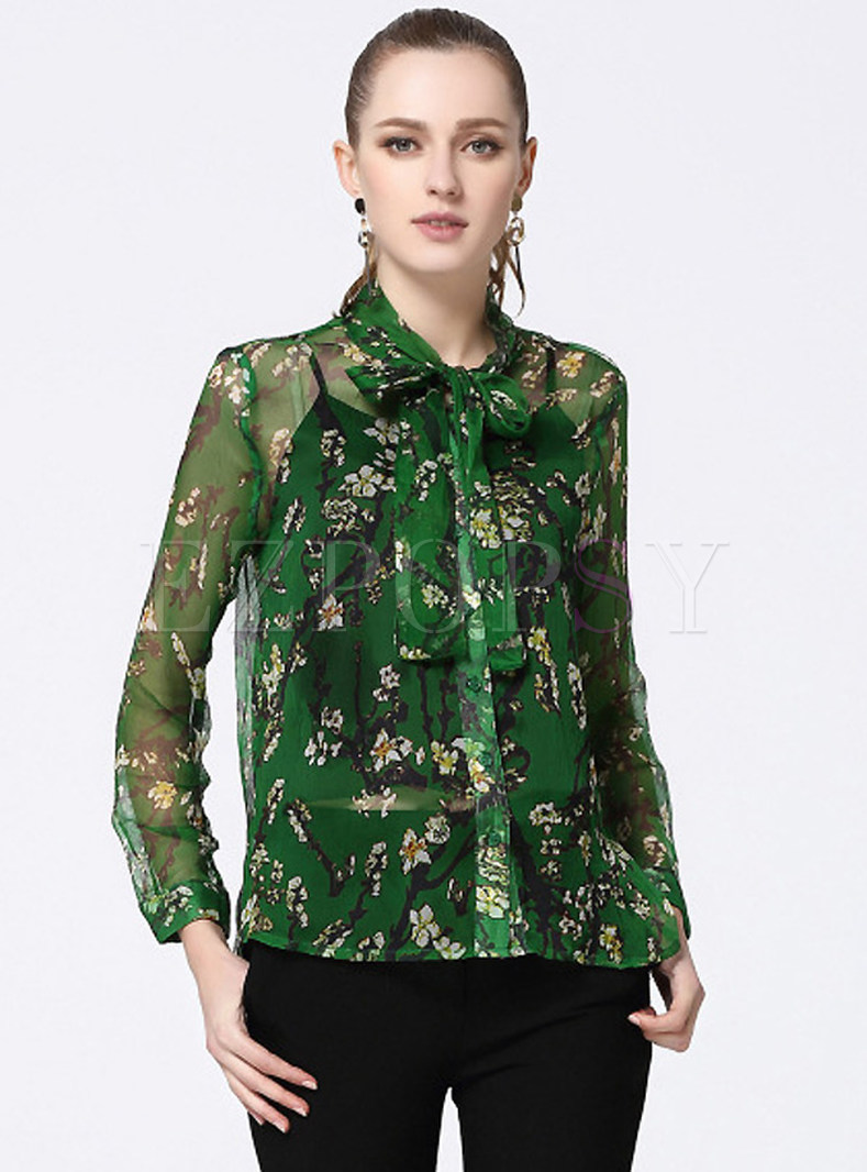 Casual Bowknot Long Sleeve Print Slim Blouse With Camisole