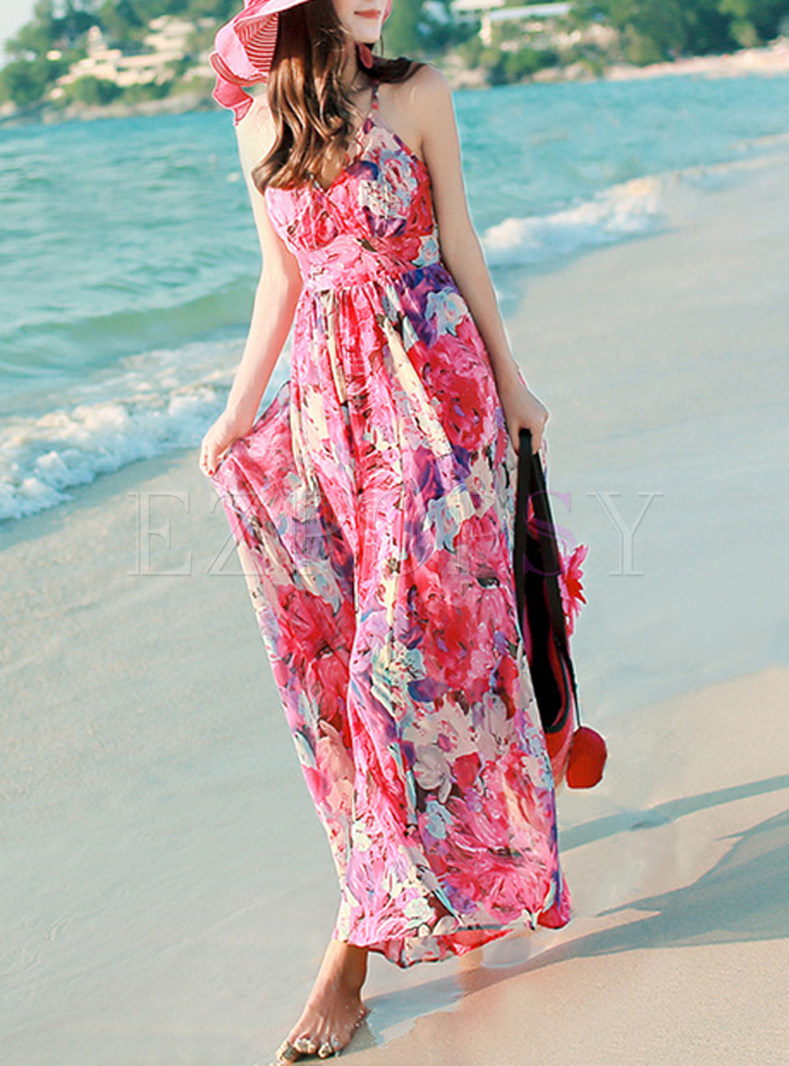 Fashion Sleeveless Print Chiffon Maxi Dress