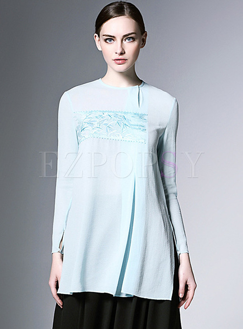 Brief Pleated Embroidery Long Sleeve T-Shirt