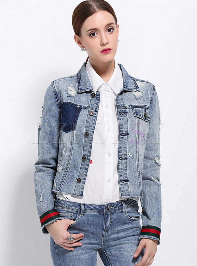 Fashionable Long Sleeve Hit Color 100% Cotton Jean Jacket