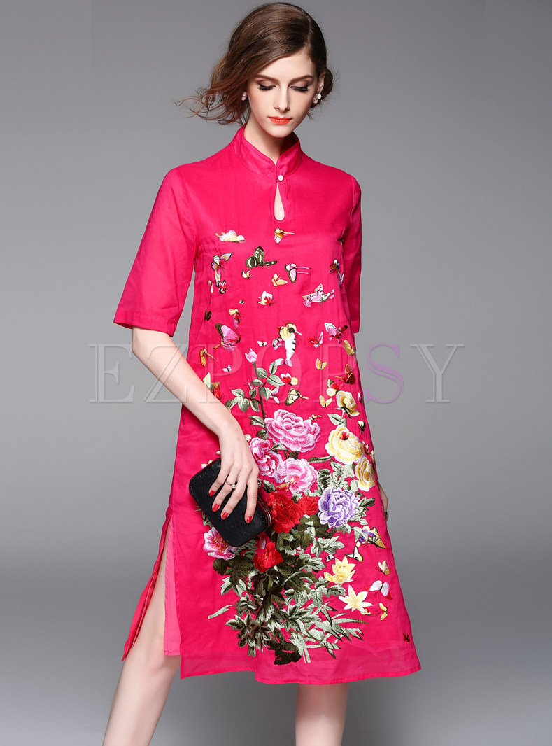 Vintage Embroidery Stand Collar Split Loose Shift Dress