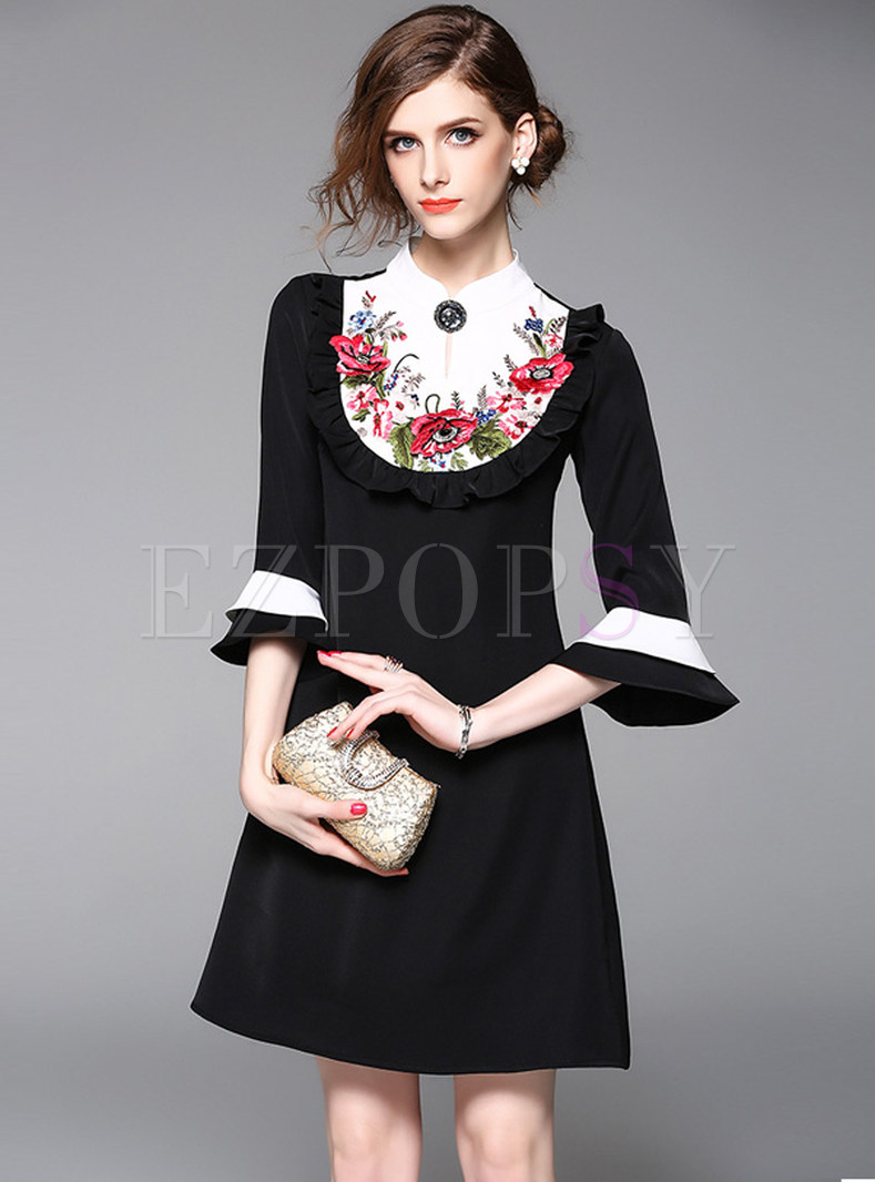 Sweet Stand Collar Embroidery Flare Sleeve Shift Dress