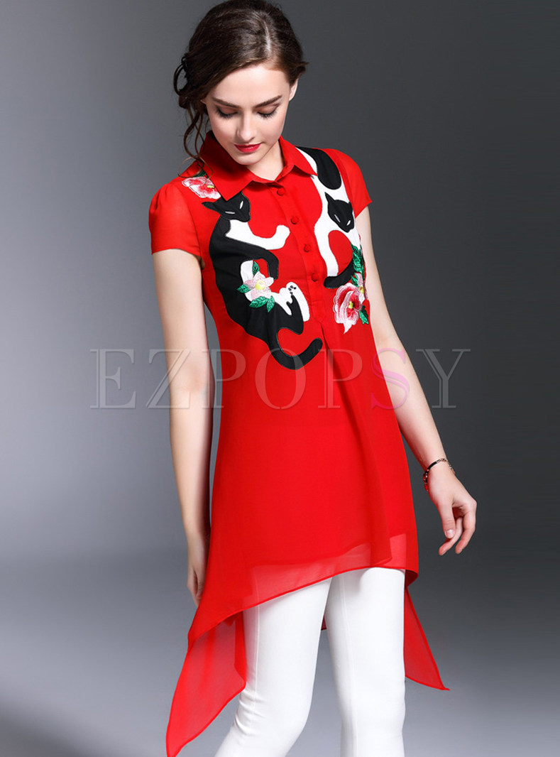 Tops Blouses Ethnic Turn Down Collar Embroidery Asymmetrical Blouse 