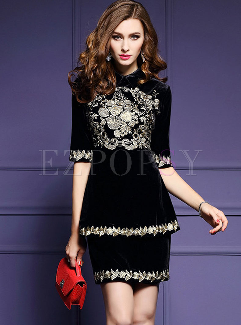Sweet Half Sleeve Embroidery Two-piece Outfits