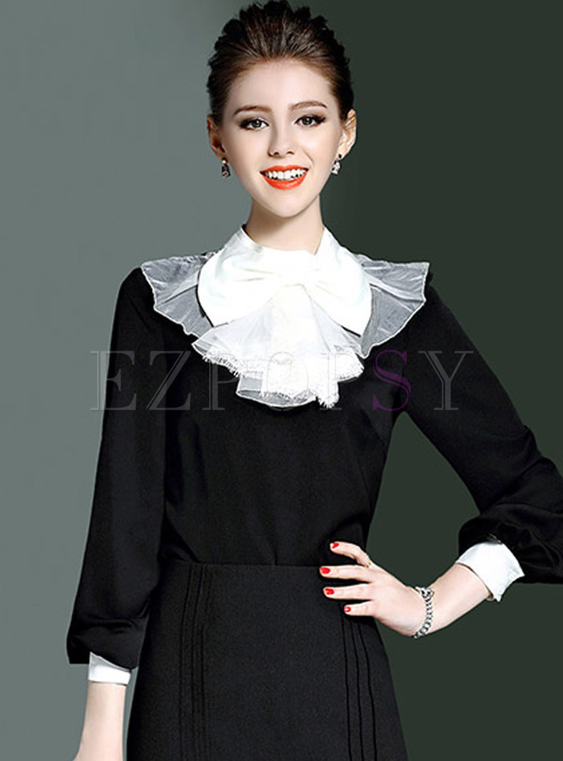 Sweet Hit Color Chiffon Bowknot Patch Blouse