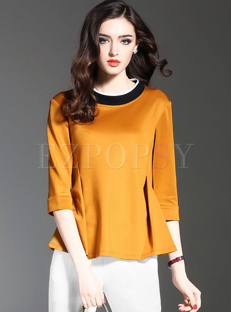 Chic O-neck Hit Color Three Quarters Sleeve T-Shirt
