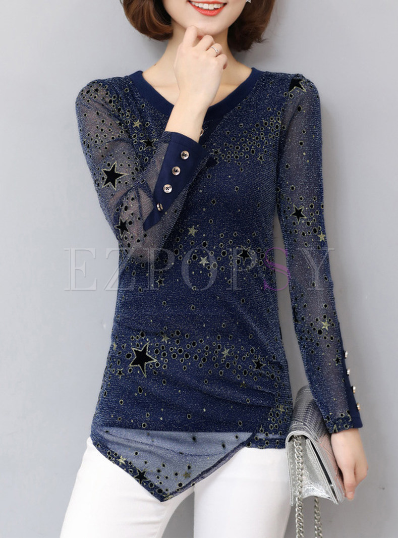 Casual Sequined O-Neck Hollow Asymmetric T-Shirt