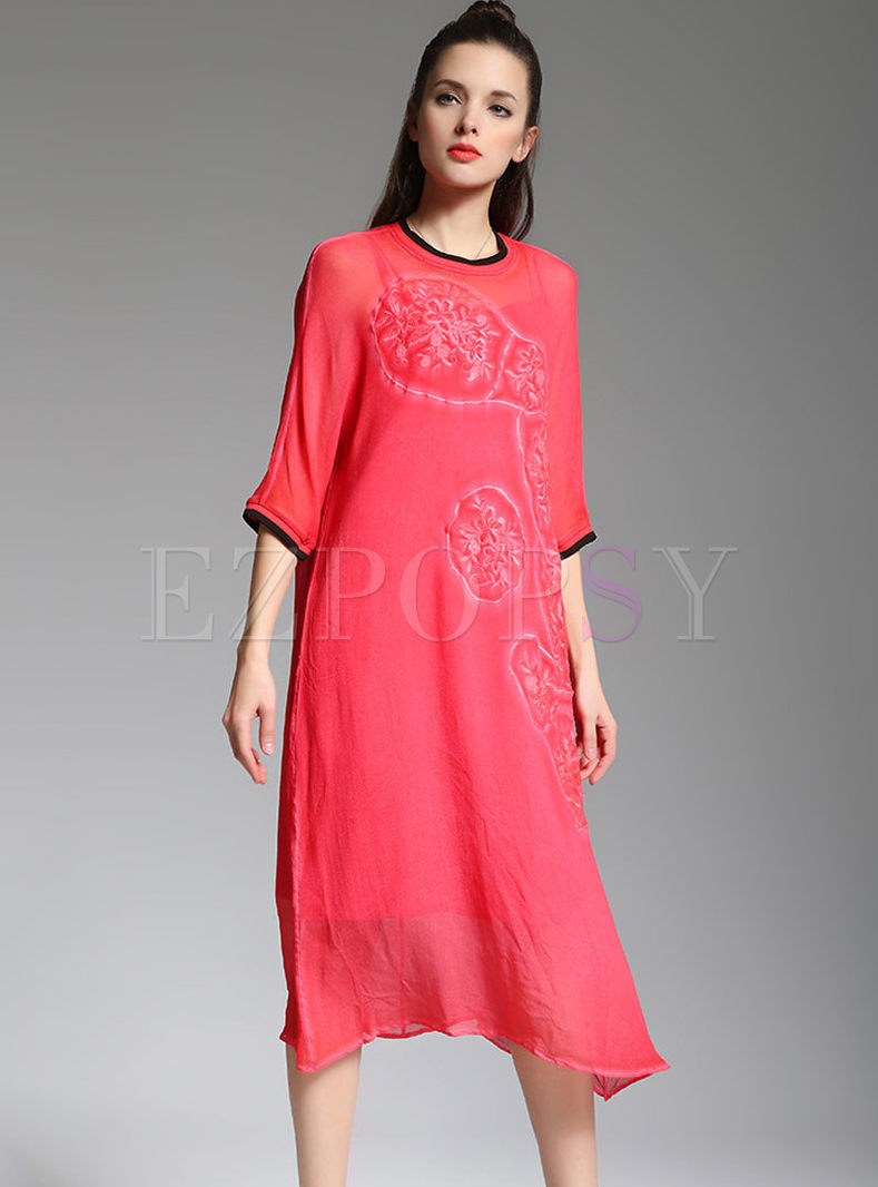 Casual 3/4 Sleeve Embroidery Shift Dress