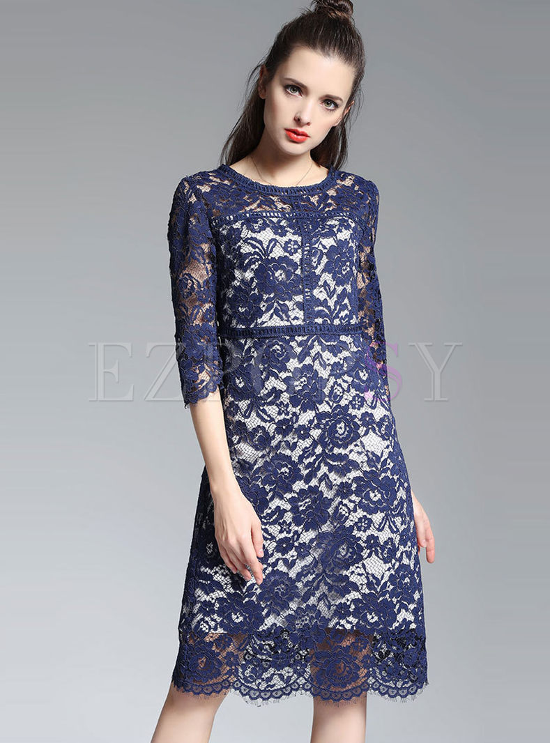 Slim Hollow Out Lace O-neck Skater Dress