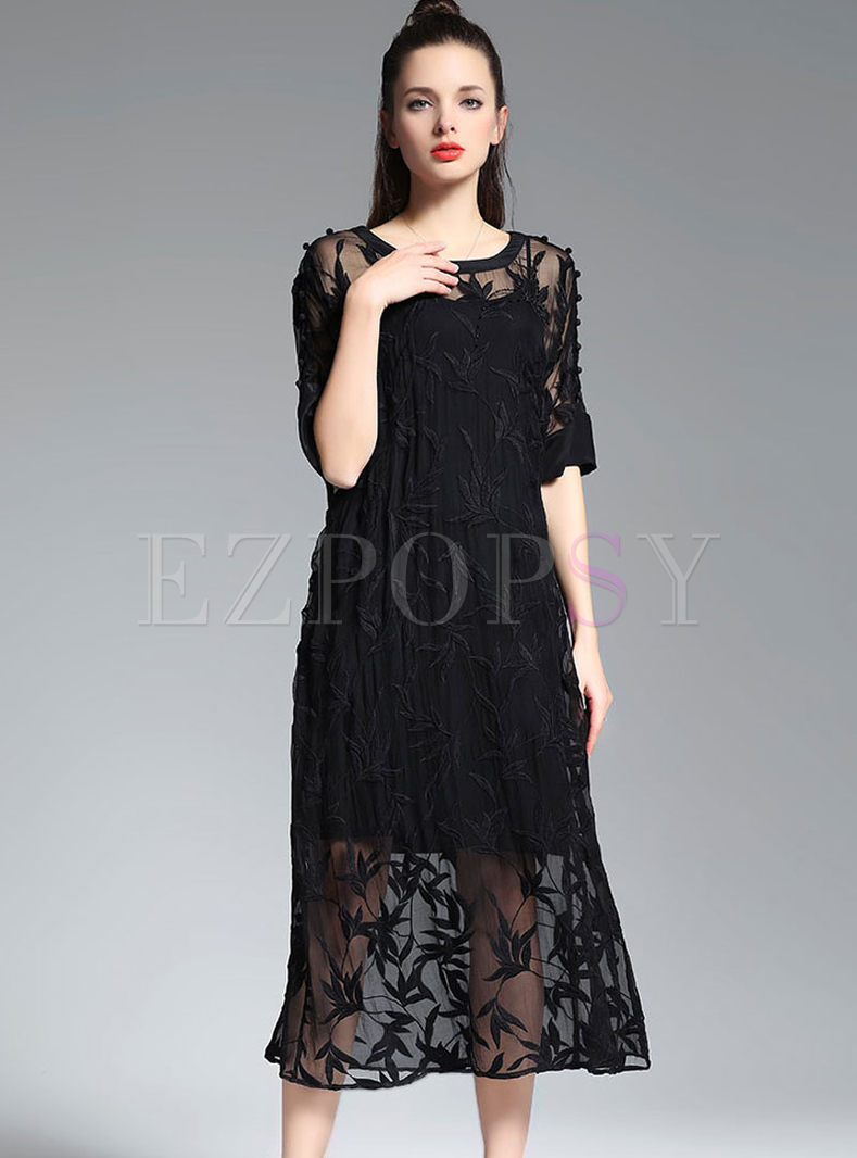 Sexy Loose Hollow Out Embroidery Maxi Dress