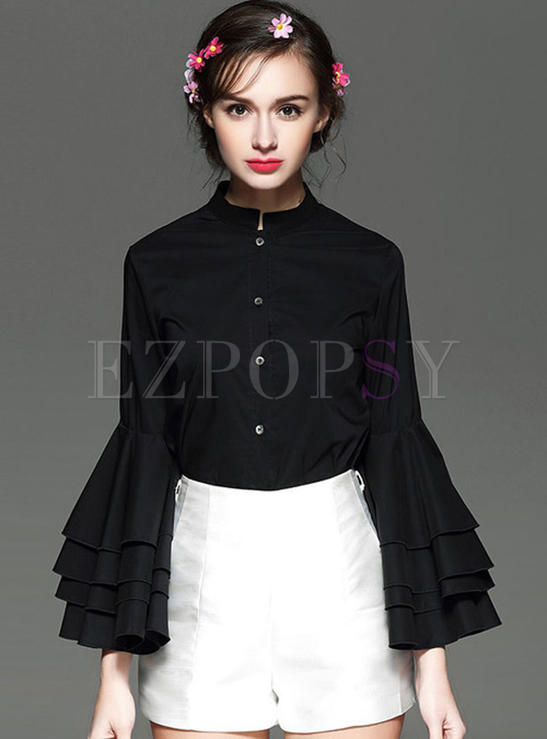 Sweet Flare Sleeve Cotton Stand Collar Blouse