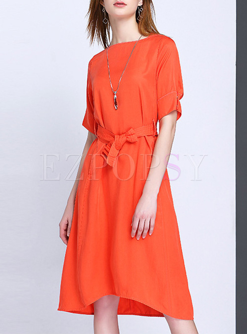 Casual Short Sleeve Bowknot Solid Color Skater Dress
