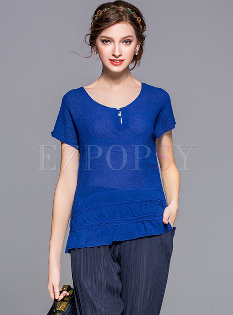 Casual O-Neck Short Sleeve Pleated T-Shirt