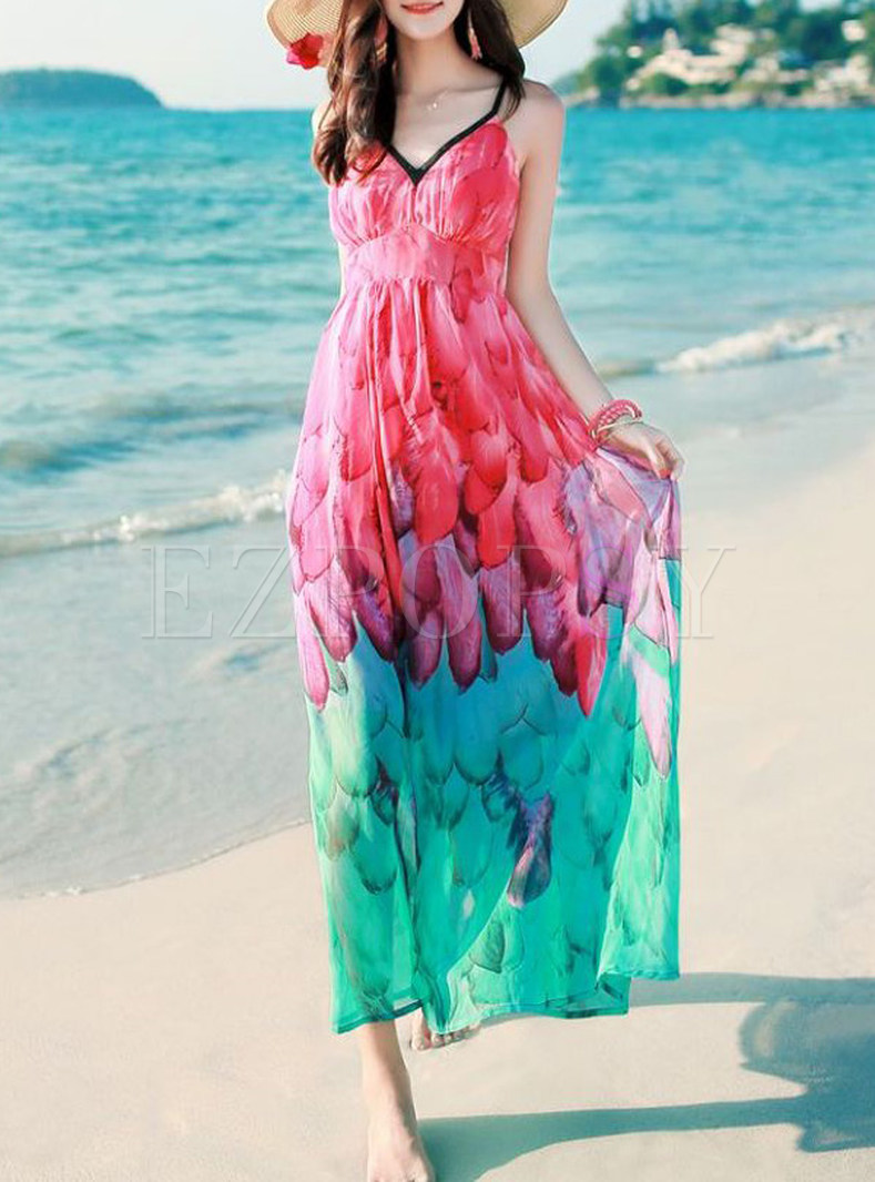 Cute V-Neck Hit Color Asymmetric High-Waist Maxi Dress