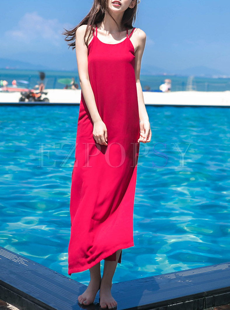 Sexy Sleeveless Split Solid Color Maxi Dress