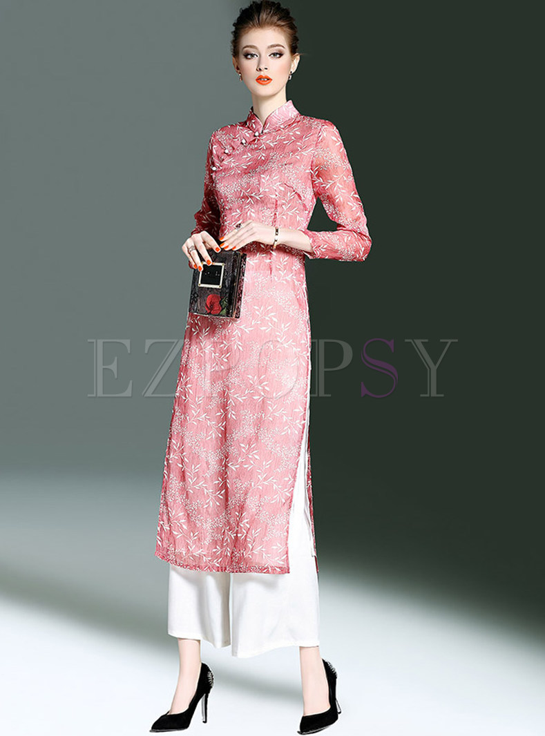 Ethnic Stand Collar Dress & Brief Pure Color Pants