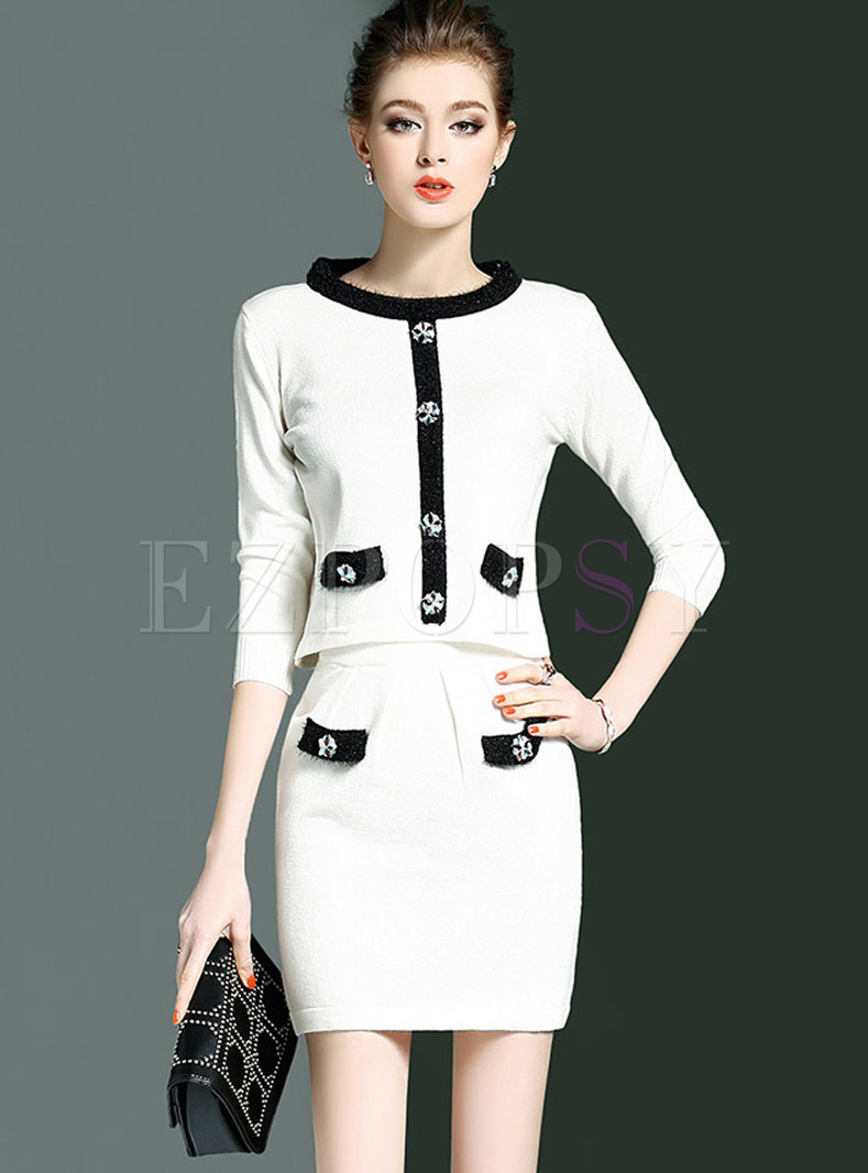 Work Hit Color Three Quarters Sleeve Two-piece Outfits