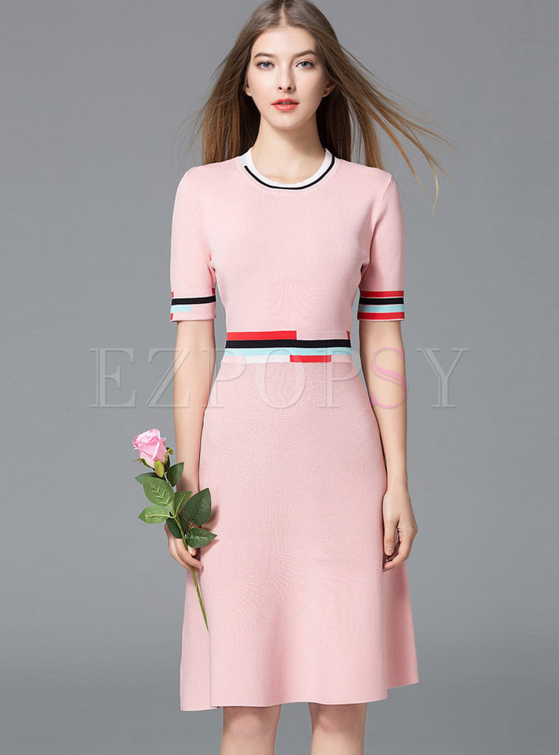 Sweet Hit Color O-neck Knitted Dress
