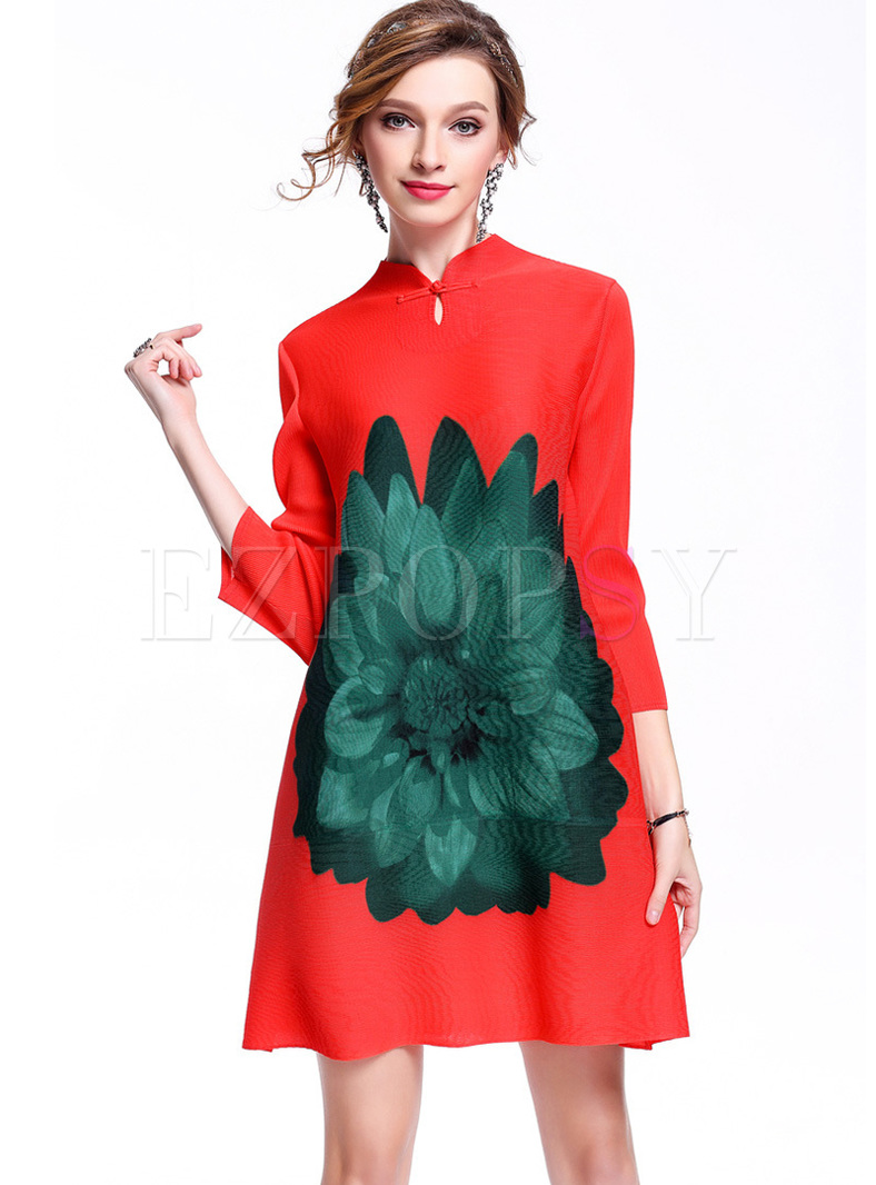 Loose Digital Print Improved Cheongsam Shift Dress