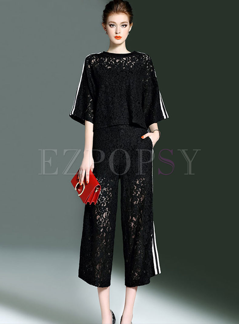 Elegant Loose Hit O-neck Color Lace Two-piece Outfits